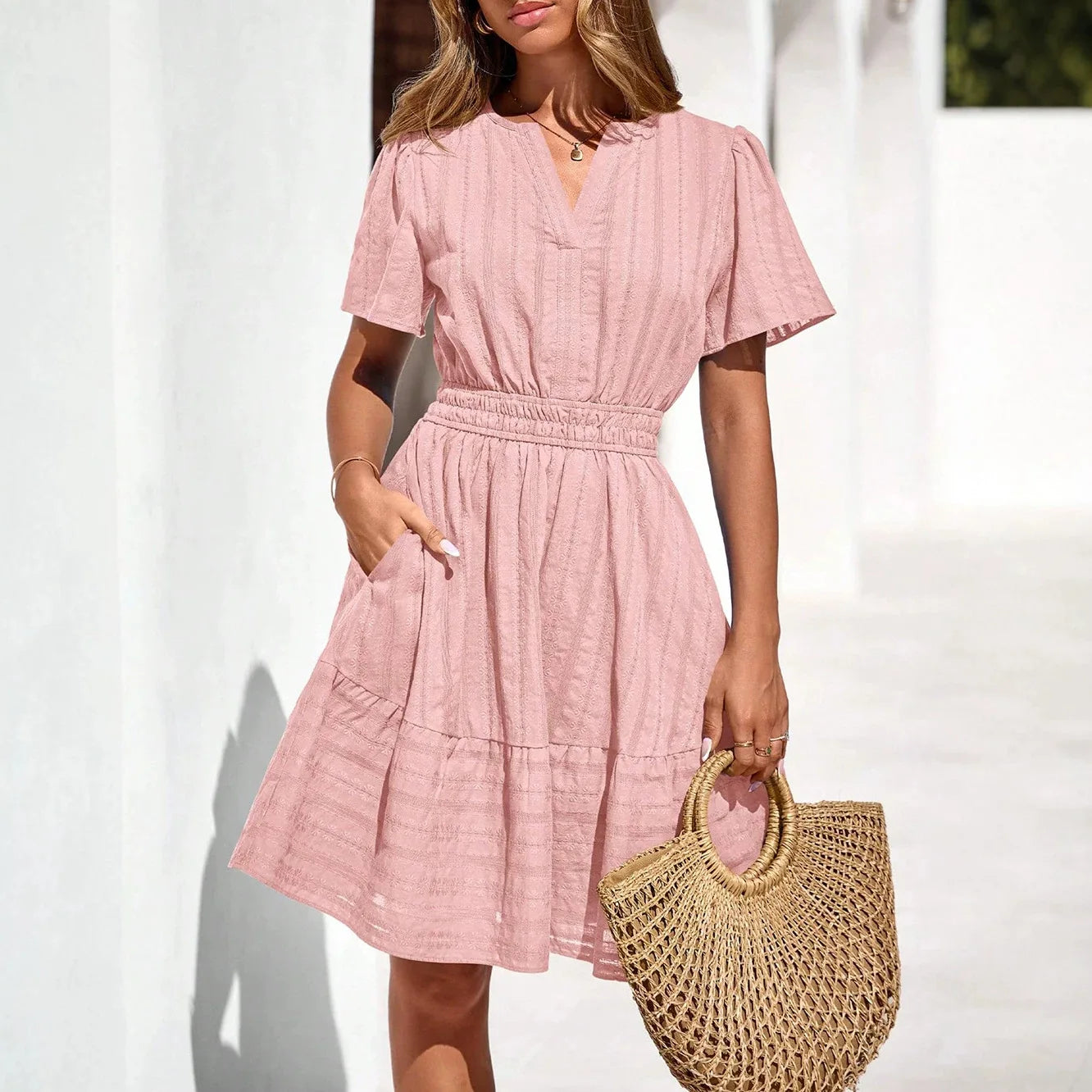 Elegant V-Neck Short Sleeve Women'S Dress Summer 2026 Elastic Waist Design New Fashionable Ladies' Dress