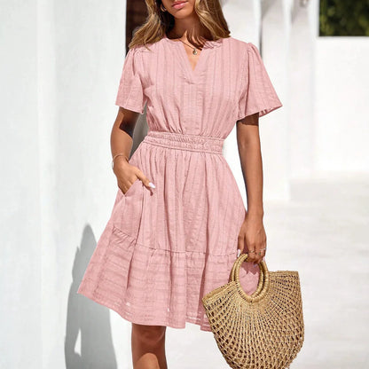 Elegant V-Neck Short Sleeve Women'S Dress Summer 2026 Elastic Waist Design New Fashionable Ladies' Dress