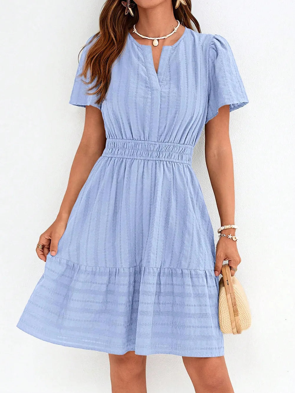 Elegant V-Neck Short Sleeve Women'S Dress Summer 2026 Elastic Waist Design New Fashionable Ladies' Dress