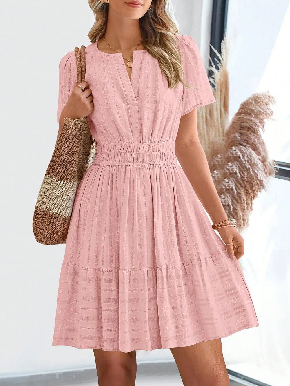 Elegant V-Neck Short Sleeve Women'S Dress Summer 2026 Elastic Waist Design New Fashionable Ladies' Dress