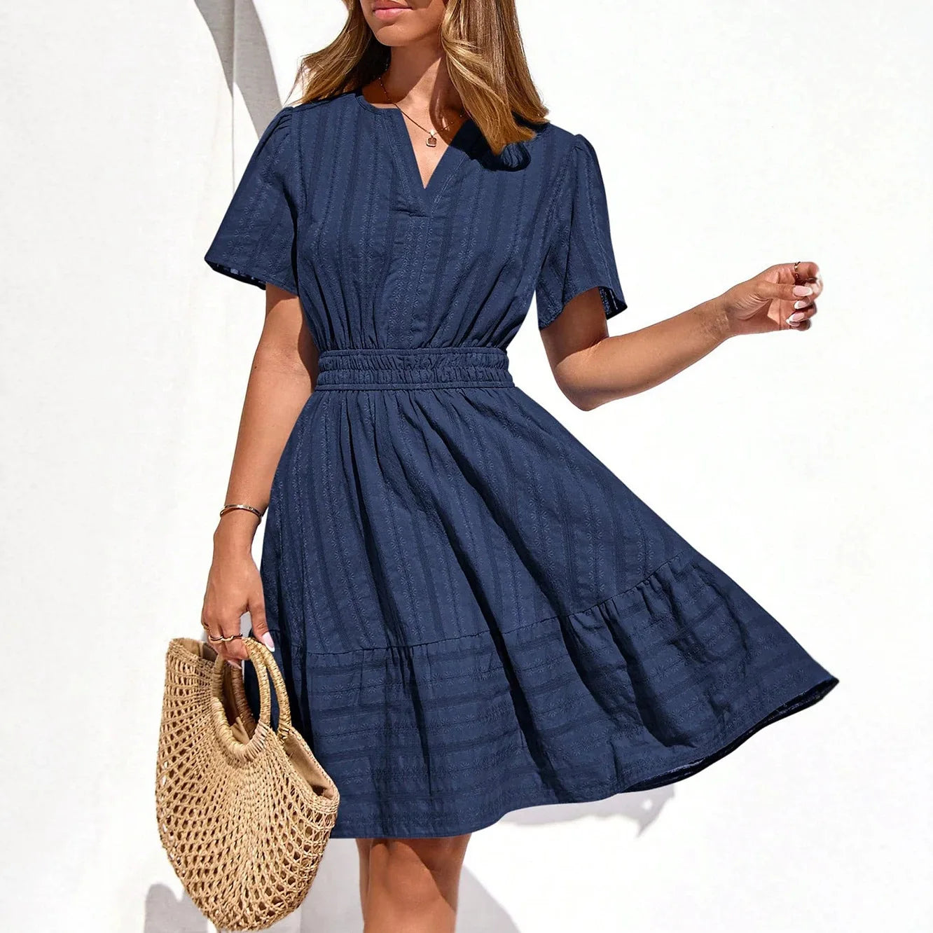 Elegant V-Neck Short Sleeve Women'S Dress Summer 2026 Elastic Waist Design New Fashionable Ladies' Dress