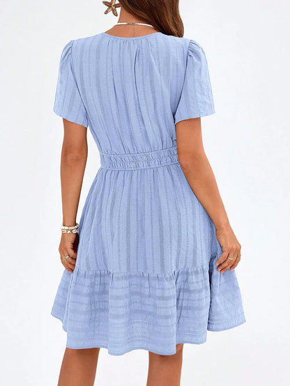 Elegant V-Neck Short Sleeve Women'S Dress Summer 2026 Elastic Waist Design New Fashionable Ladies' Dress