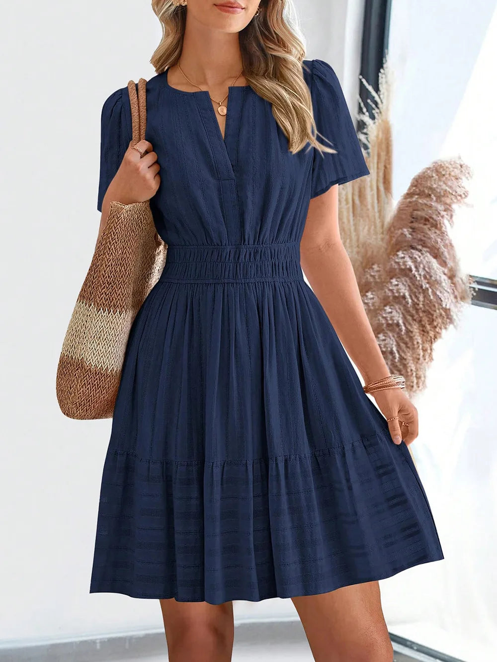 Elegant V-Neck Short Sleeve Women'S Dress Summer 2026 Elastic Waist Design New Fashionable Ladies' Dress